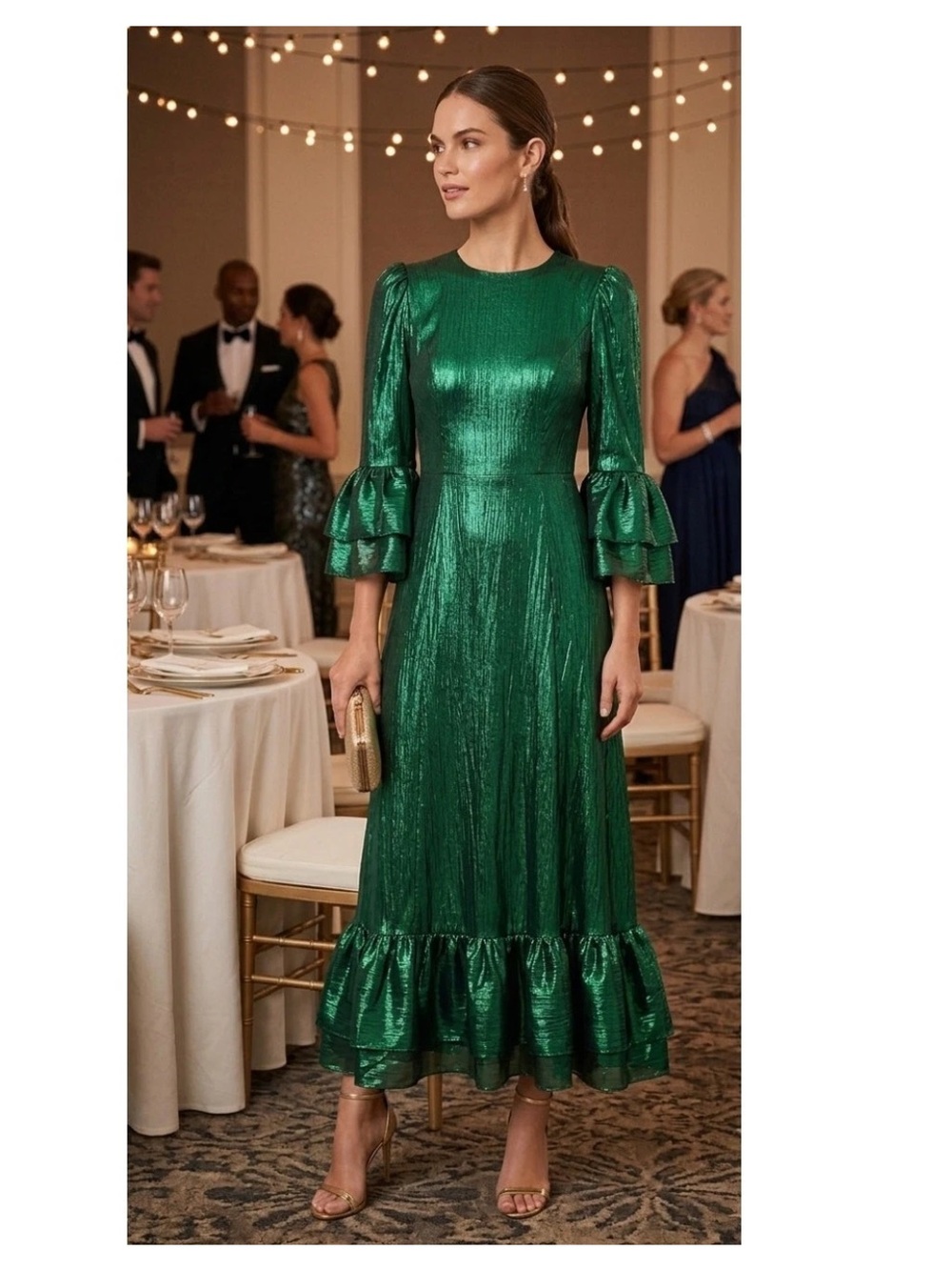 POMANDER PLACE Tuckernuck Lillith Formal Maxi Dress Emerald Crinkle Lurex-Small